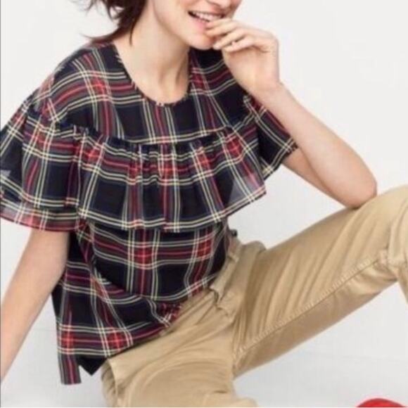 J Crew Edie Stewart Plaid Ruffle Top Black Red Green SIZE 2 Blouse Tartan Top - Picture 1 of 14